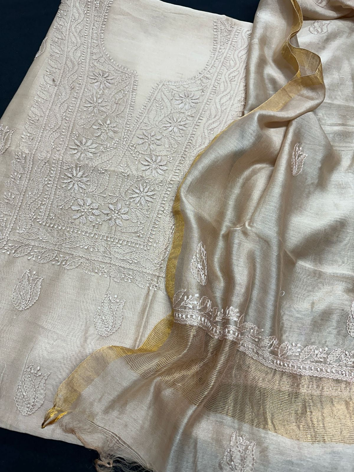 Pure Chanderi Chikankari Dress Material