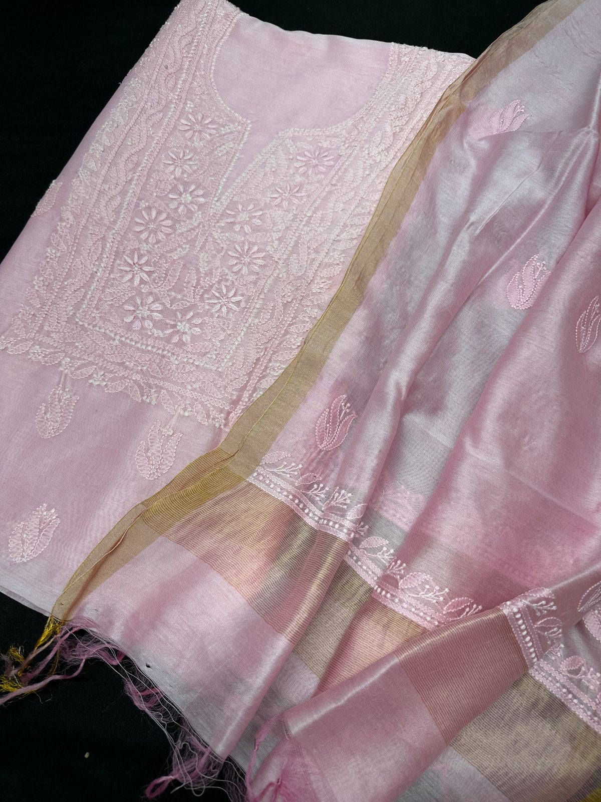 Pure Chanderi Chikankari Dress Material