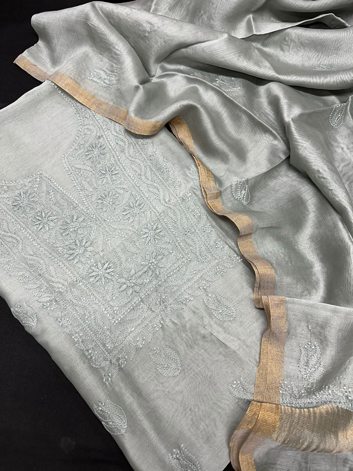 Pure Chanderi Chikankari Dress Material