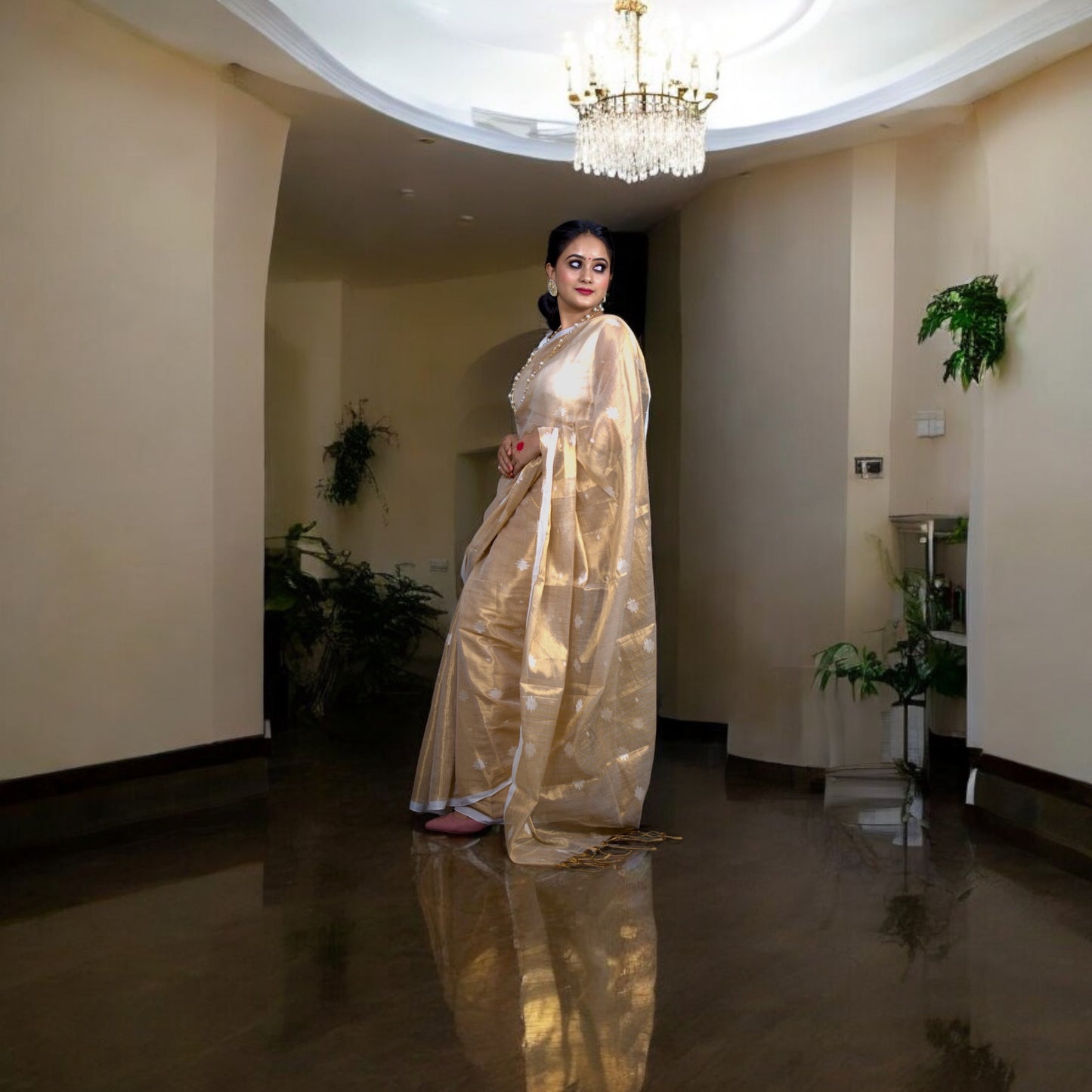 Tissue Ivory Golden Saree