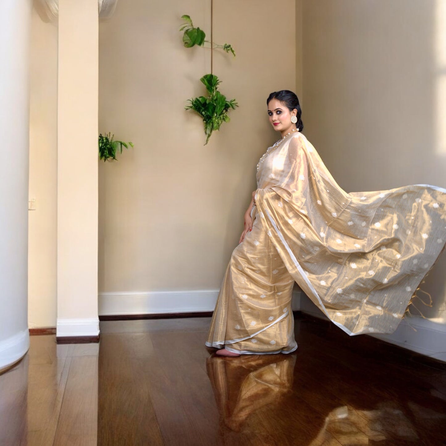 Tissue Ivory Golden Saree