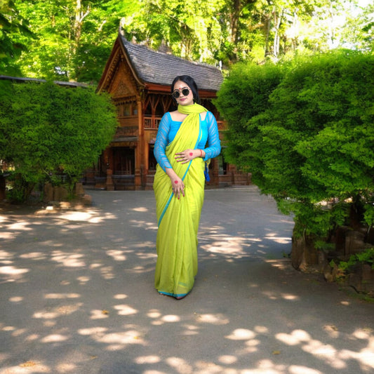 Bright Green cotton mul saree