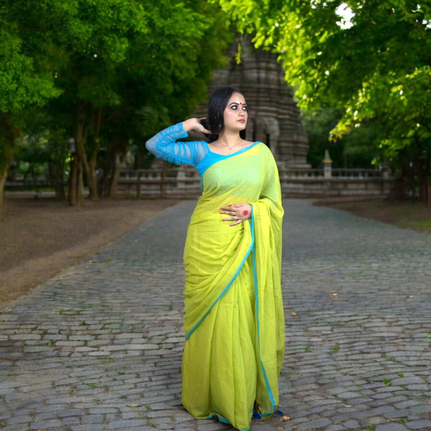 Bright Green cotton mul saree