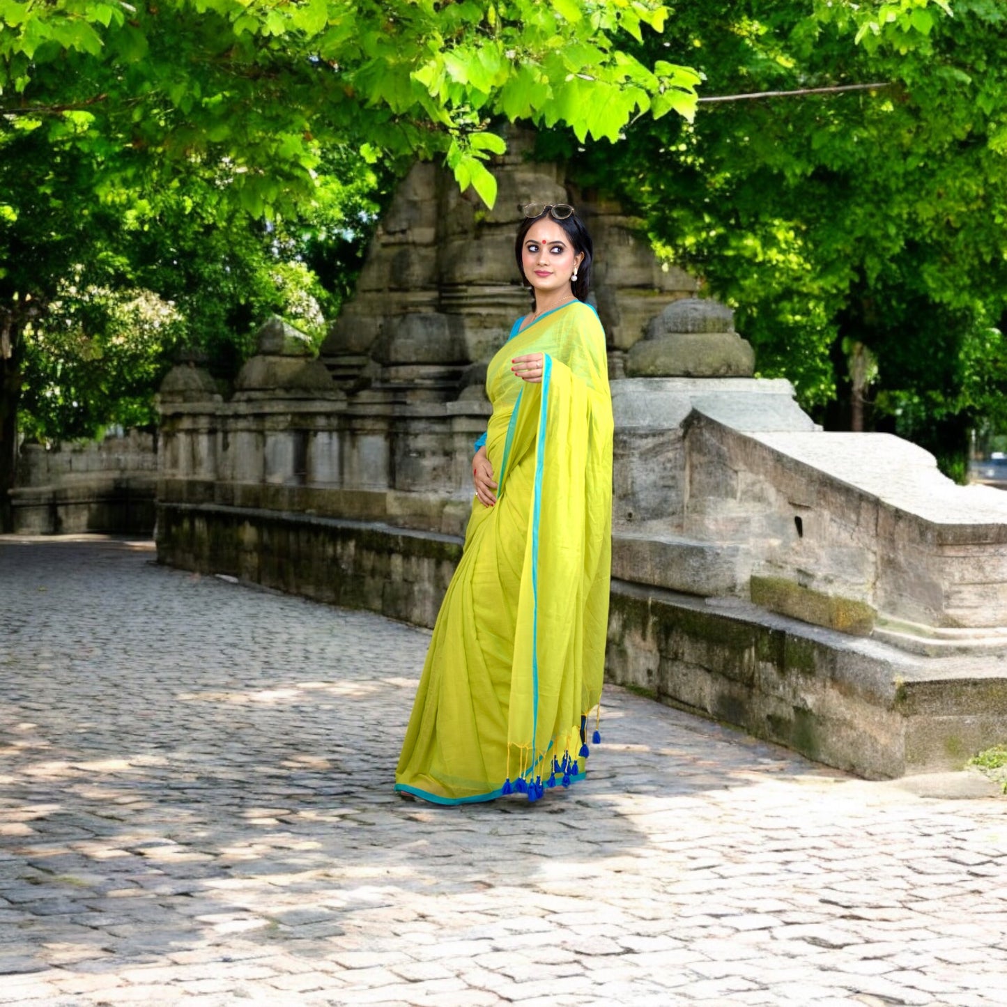 Bright Green cotton mul saree