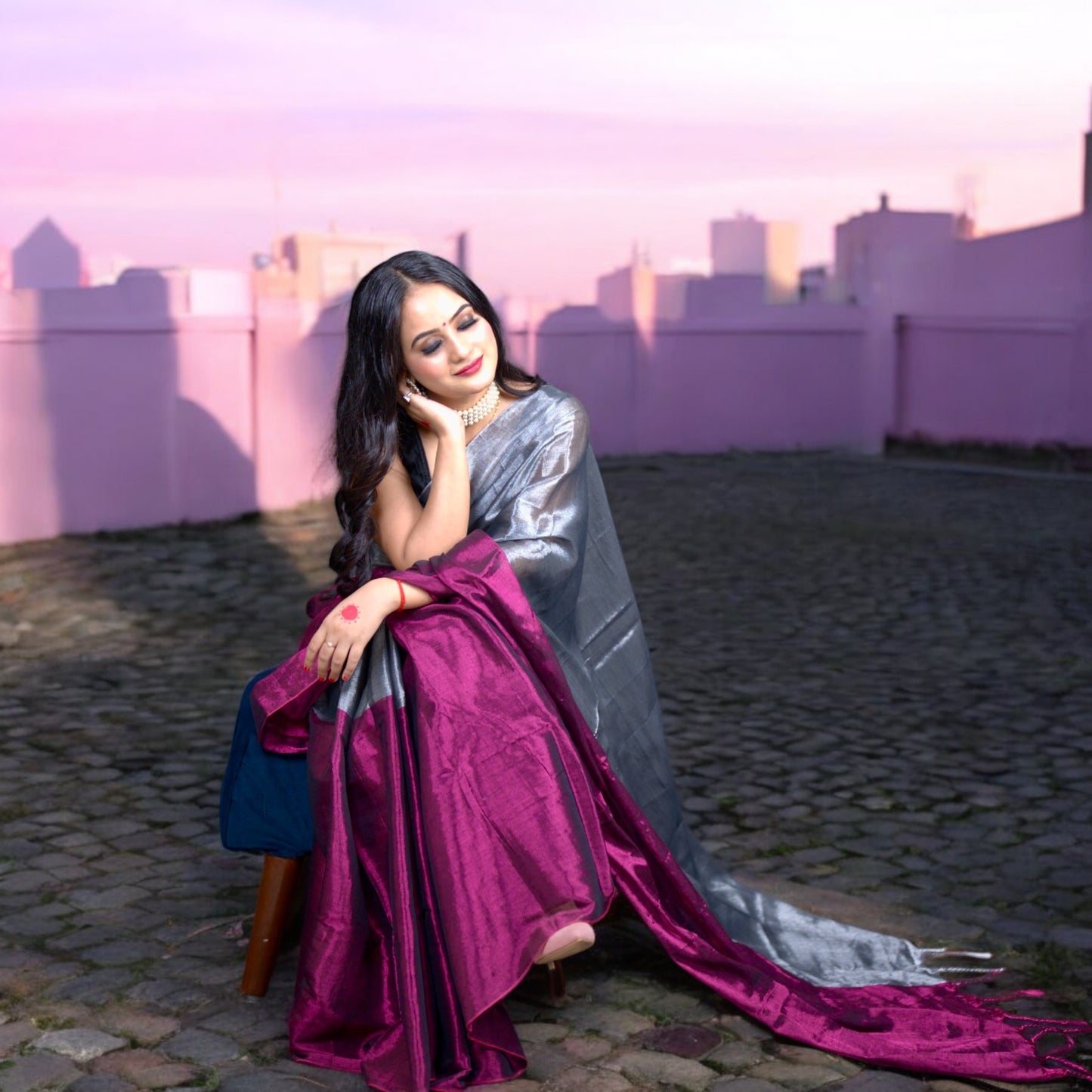 Silver and Pink Tissue Blend Saree