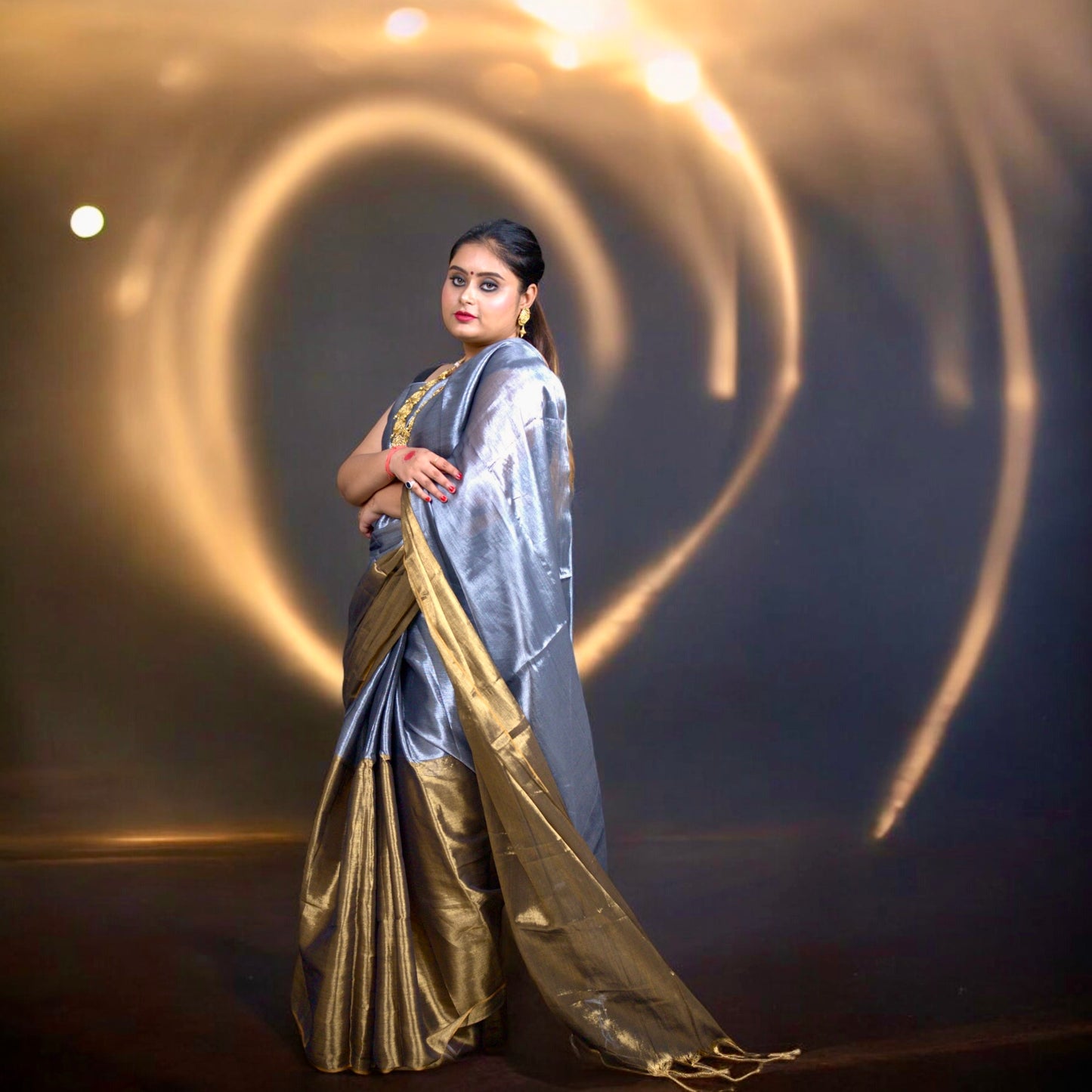 Copper and Silver Tissue Blend Saree