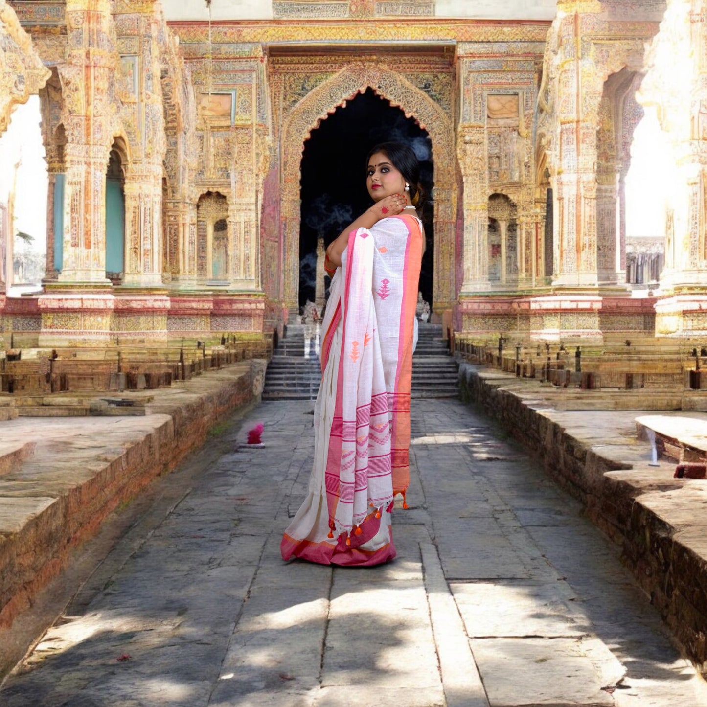 White Linen saree with Jamdani Weaving