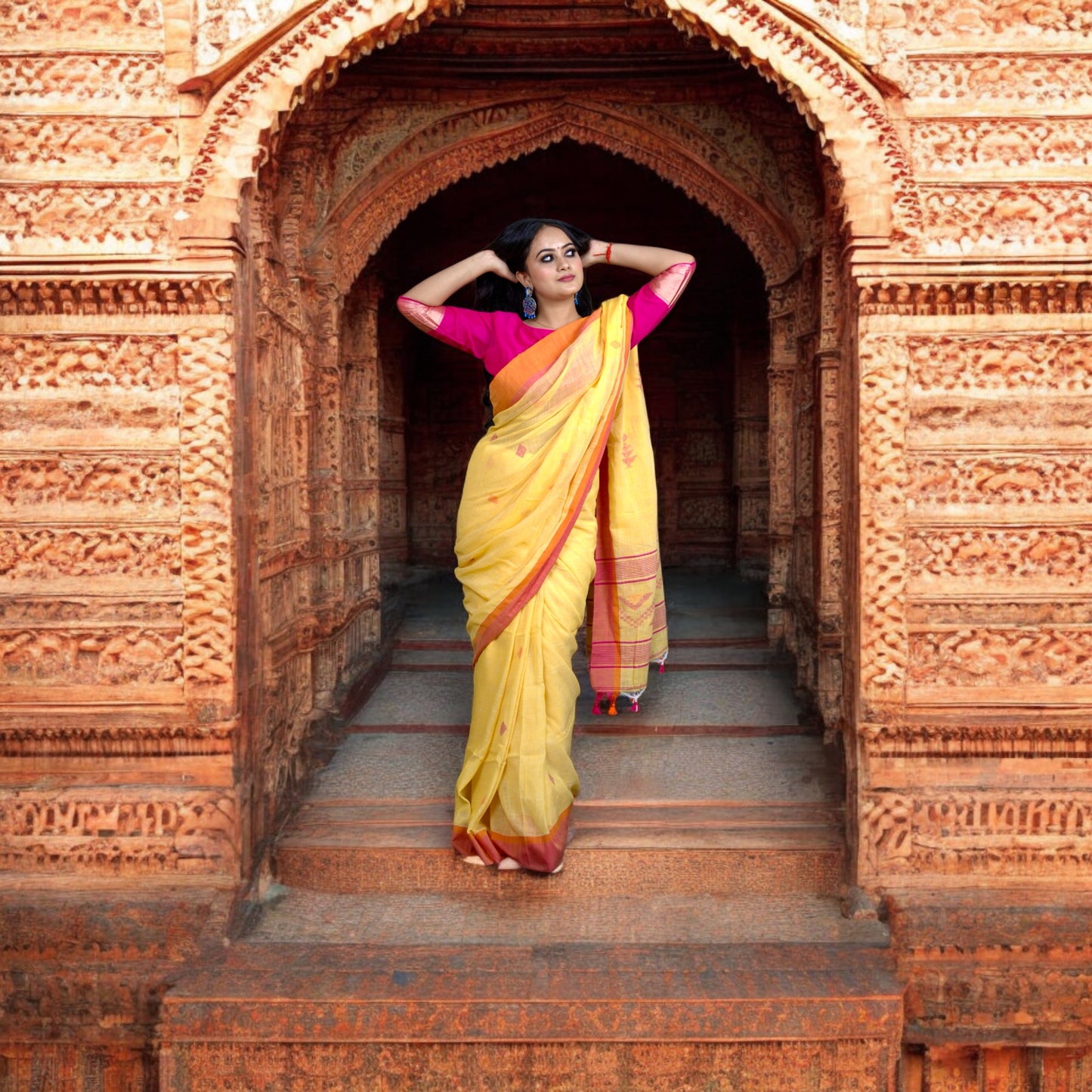 Yellow Linen Saree with Jamdani weaving