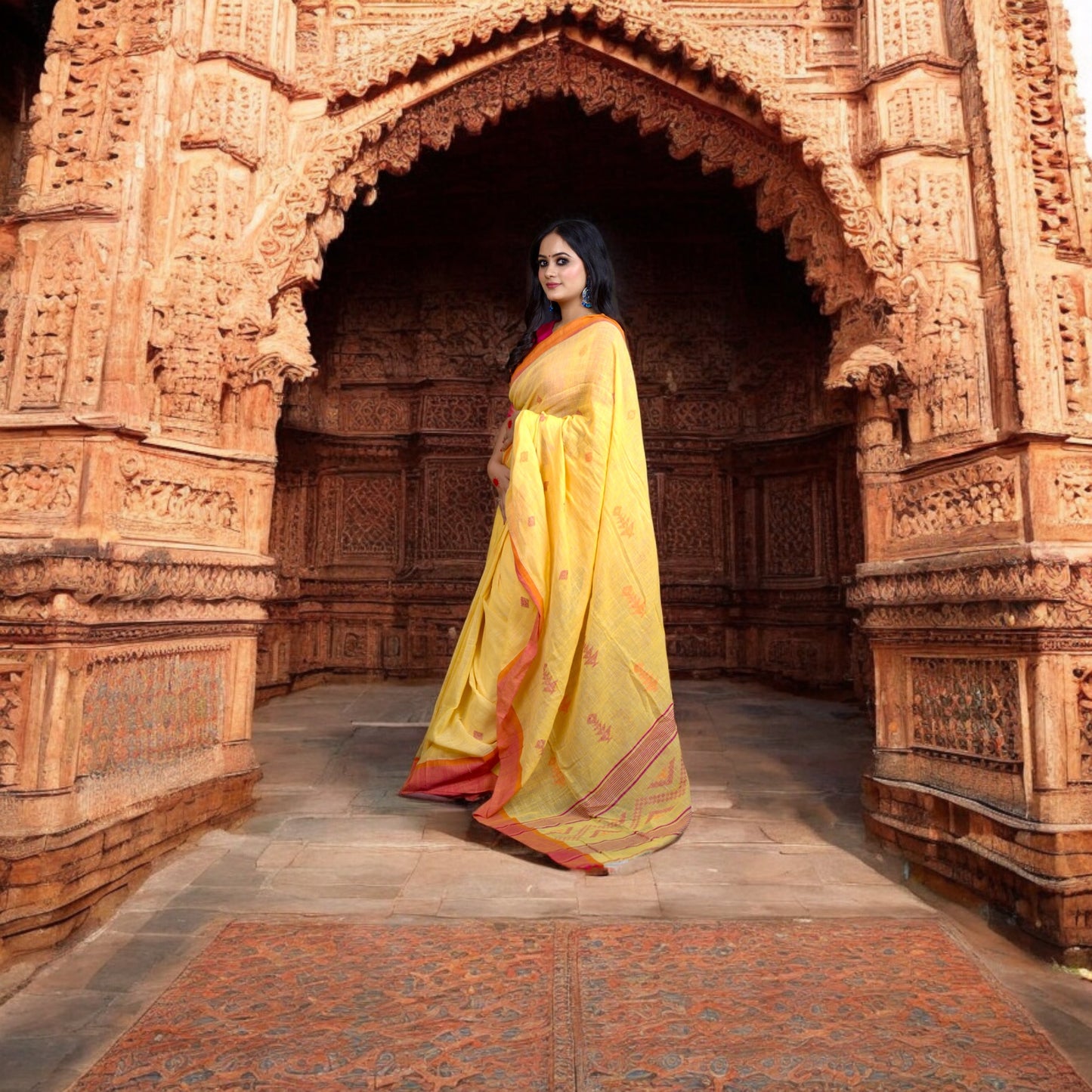 Yellow Linen Saree with Jamdani weaving