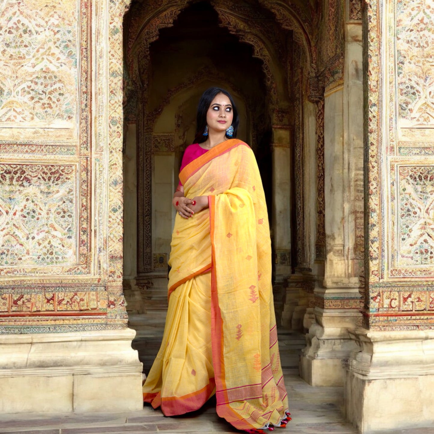 Yellow Linen Saree with Jamdani weaving