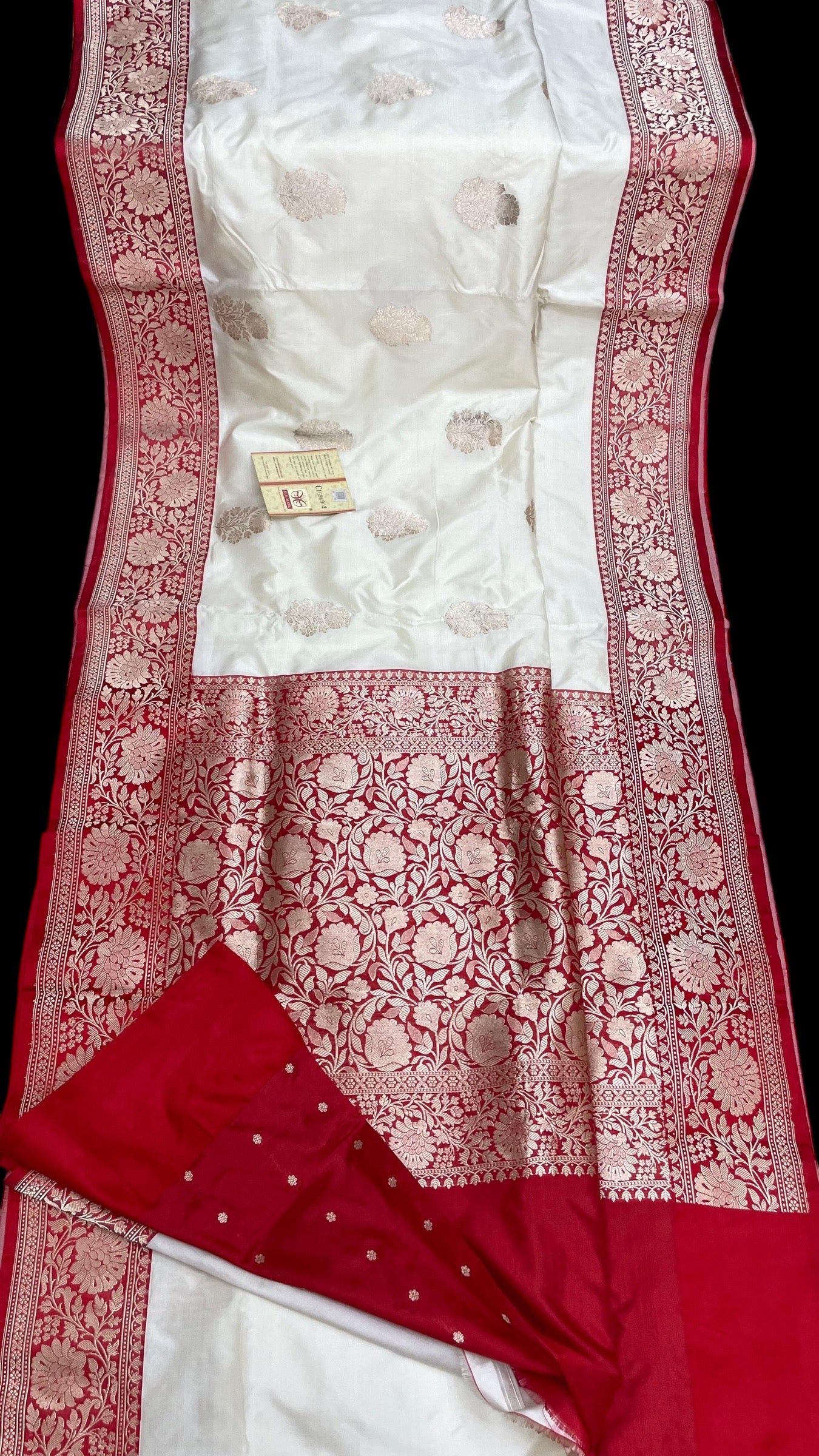 White Red Banarasi Silk Saree