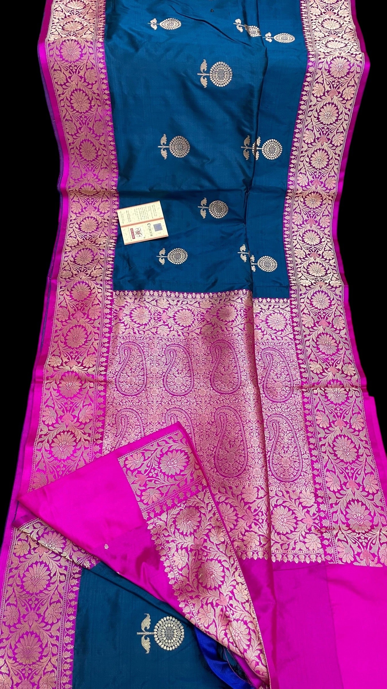 Navy Blue and Pink Banarasi Katan Silk