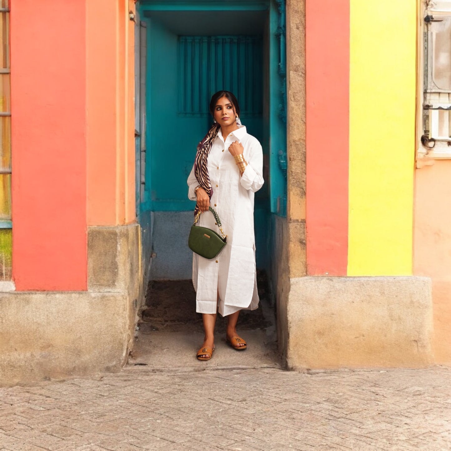 Linen Shirt Dress with Brass Buttons