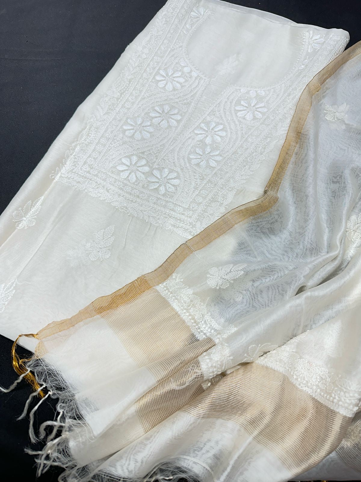 Pure Chanderi Chikankari Dress Material